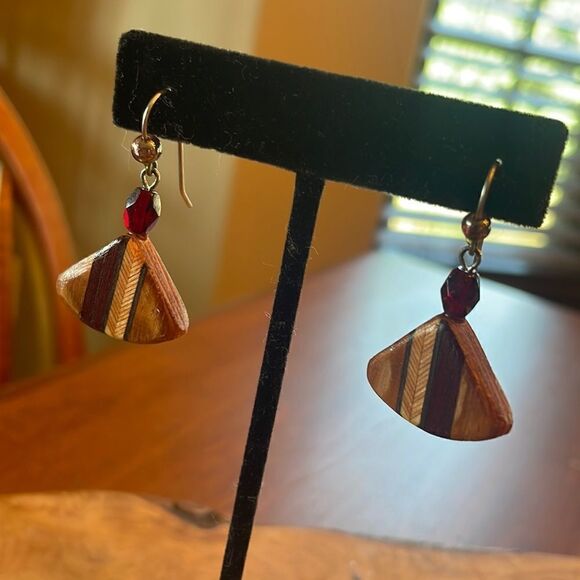 Artist Made Wooden Inlaid Earrings - Picture 1 of 4